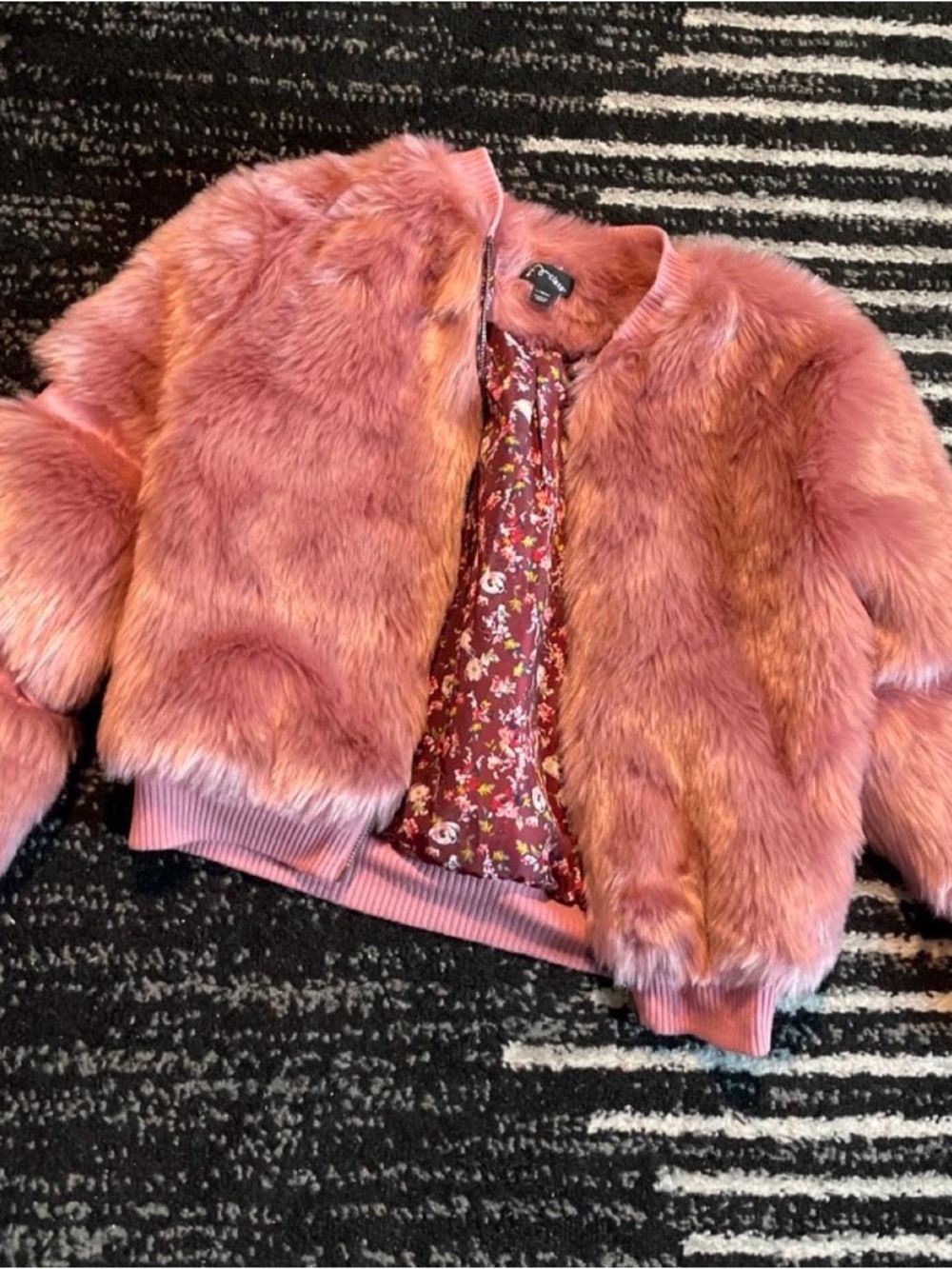 Girls Pink Faux Fur Bomber Jacket with Floral Lining